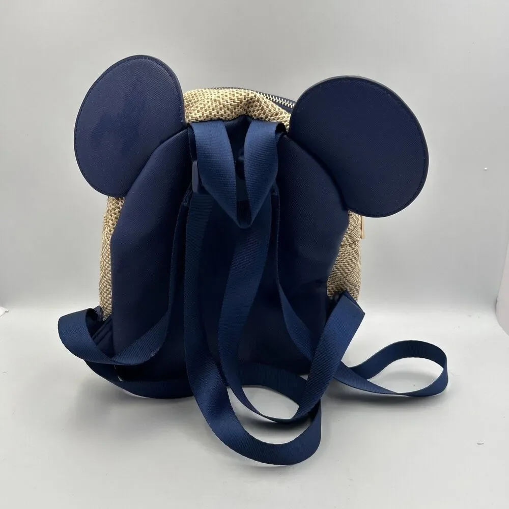 Disney Minnie Mouse Straw Backpack Floral Ears Bow Navy Blue Loungefly Style